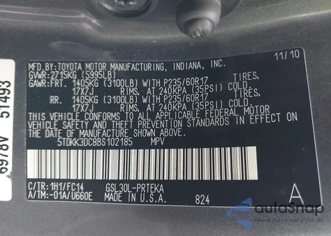 2011 Toyota Sienna Le V6 из США, поврежденный, VIN 5TDKK3DC8BS102185
